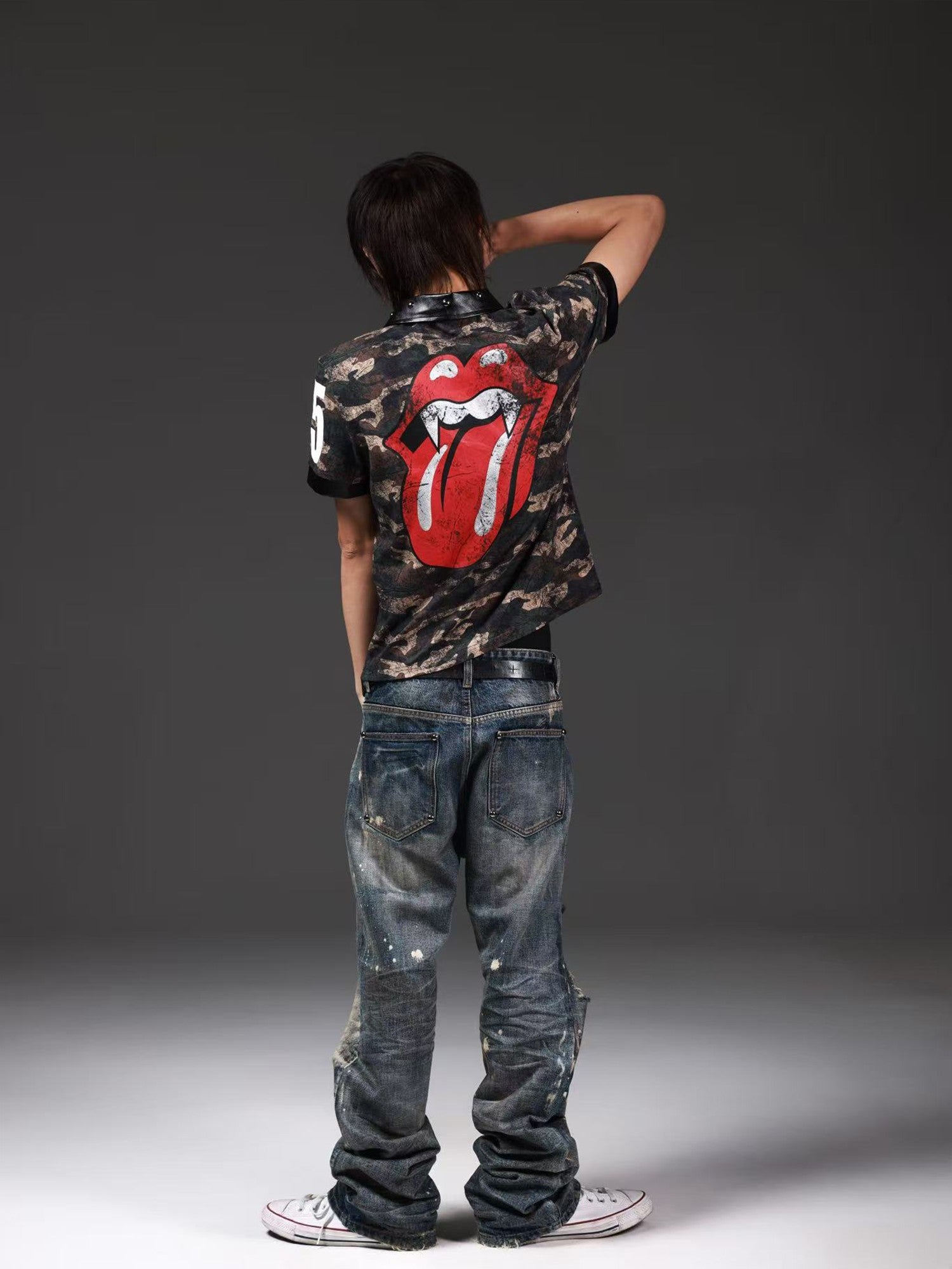 DETW onLine Camo Tongue Print Leather Patch Rivets Women&