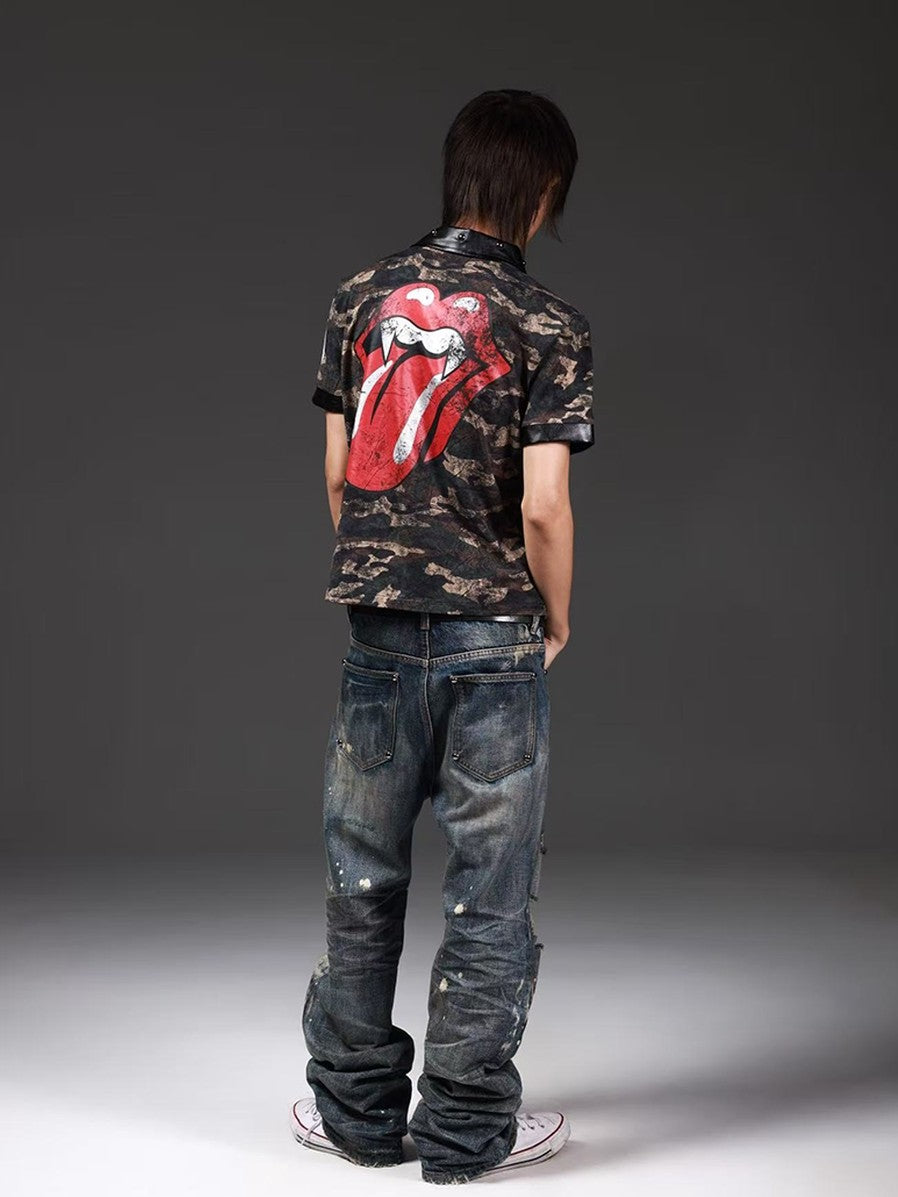 DETW onLine Camo Tongue Print Leather Patch Rivets Women&