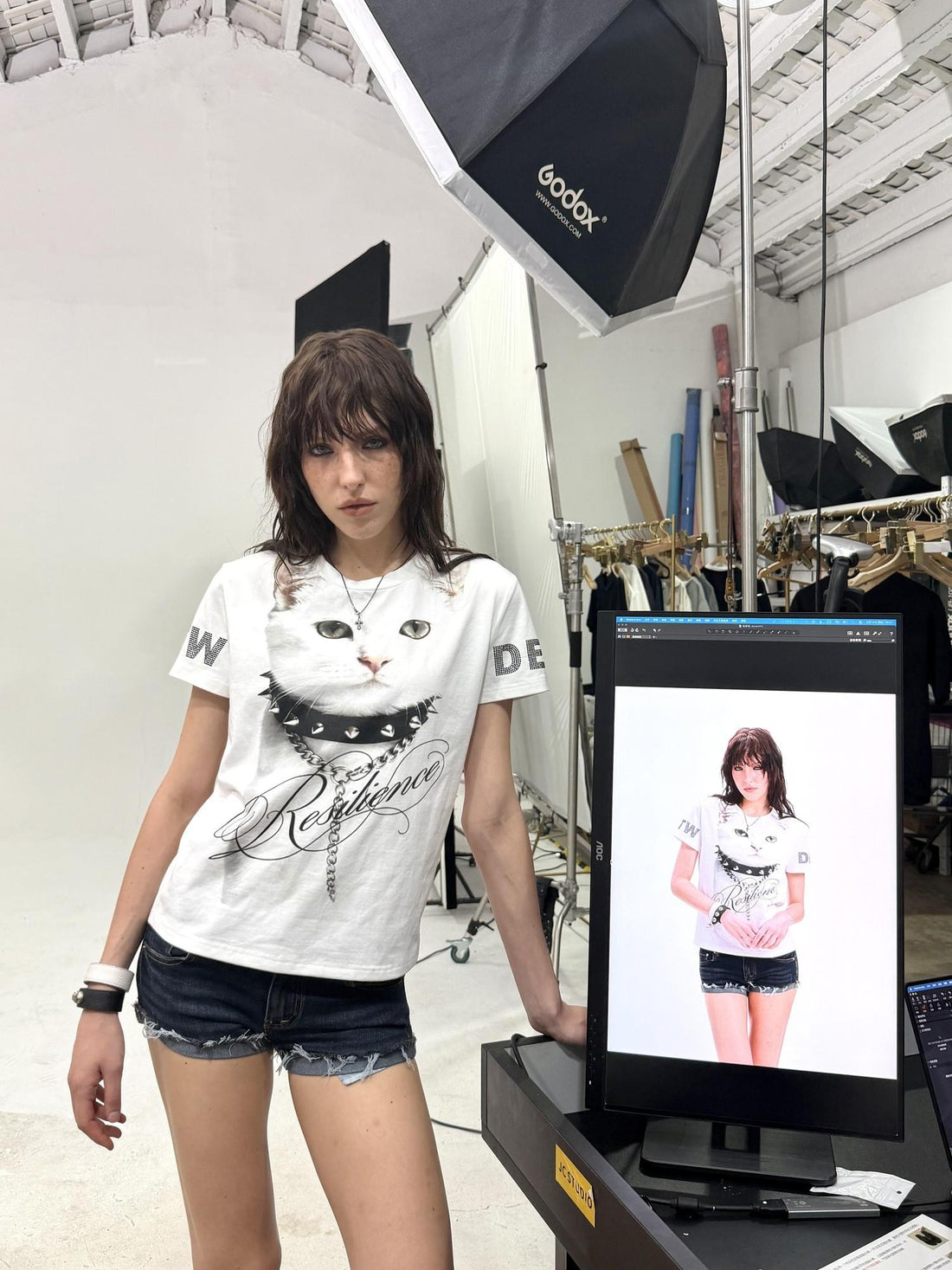 DETW onLine Cat Print Slim Digital Rhinestone Women&