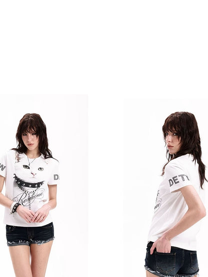 DETW onLine Cat Print Slim Digital Rhinestone Women&