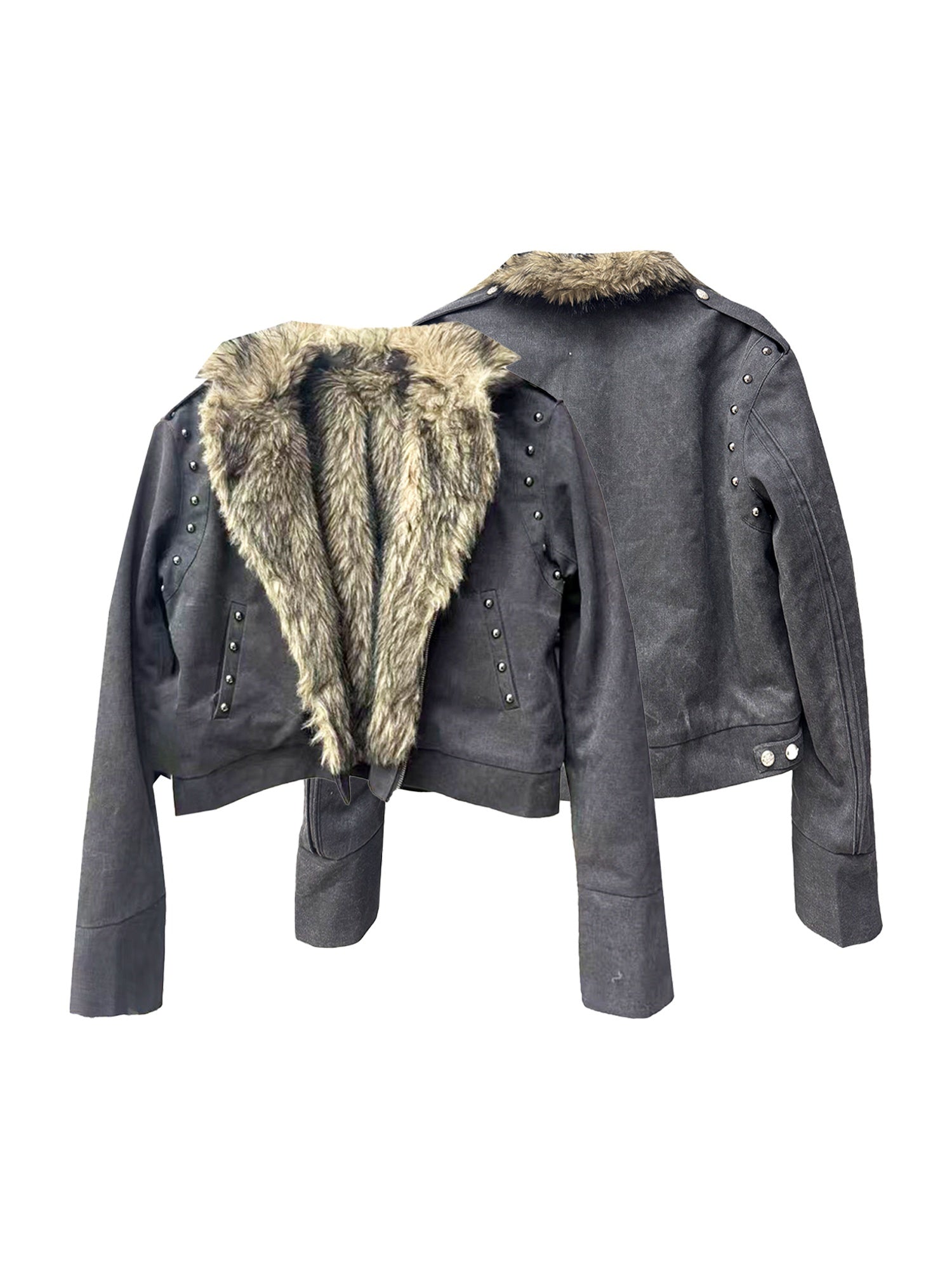 DETW_onLine_Cement_Gray_Studded_Asymmetric_Zip_Fur_Collar_Cropped_Women&