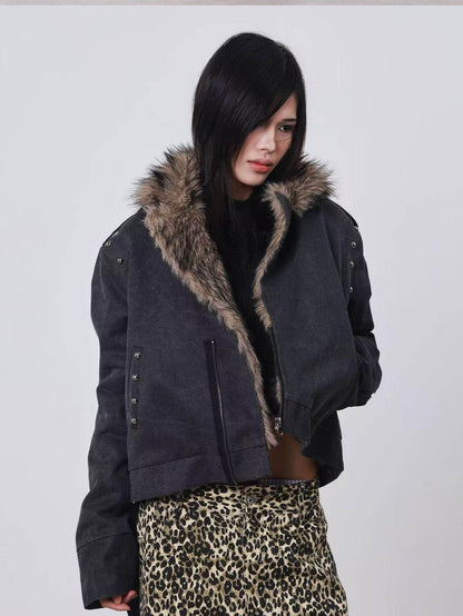 DETW onLine Cement Gray Studded Asymmetric Zip Fur Collar Cropped Women&
