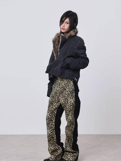 DETW onLine Cement Gray Studded Asymmetric Zip Fur Collar Cropped Women&