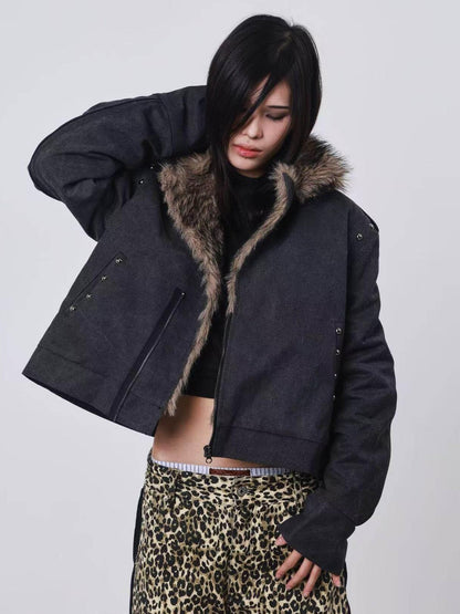 DETW onLine Cement Gray Studded Asymmetric Zip Fur Collar Cropped Women&