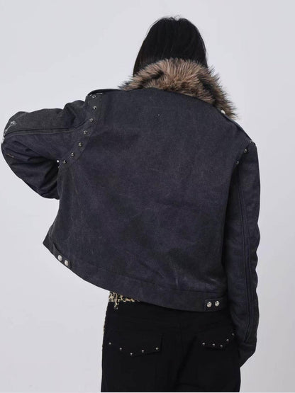 DETW onLine Cement Gray Studded Asymmetric Zip Fur Collar Cropped Women&