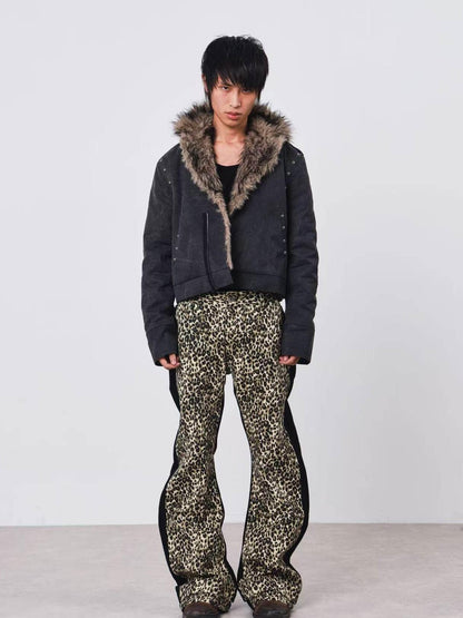 DETW onLine Cement Gray Studded Asymmetric Zip Fur Collar Cropped Women&