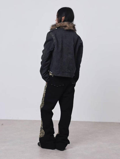 DETW onLine Cement Gray Studded Asymmetric Zip Fur Collar Cropped Women&