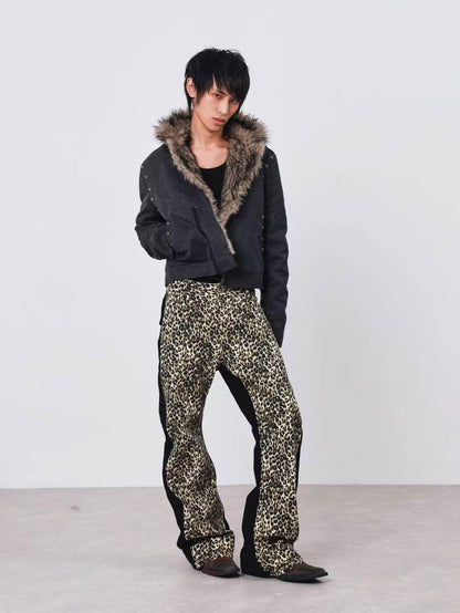 DETW onLine Cement Gray Studded Asymmetric Zip Fur Collar Cropped Women&