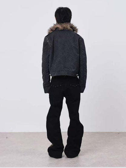 DETW onLine Cement Gray Studded Asymmetric Zip Fur Collar Cropped Women&