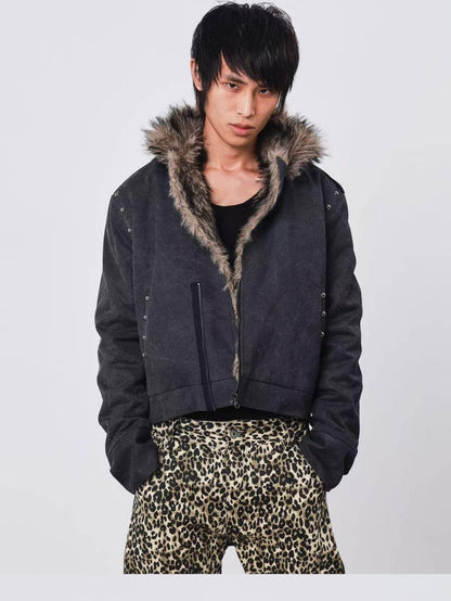DETW onLine Cement Gray Studded Asymmetric Zip Fur Collar Cropped Women&