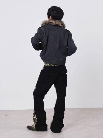 DETW onLine Cement Gray Studded Asymmetric Zip Fur Collar Cropped Women&
