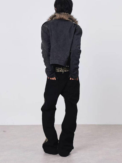 DETW onLine Cement Gray Studded Asymmetric Zip Fur Collar Cropped Women&