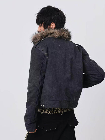 DETW onLine Cement Gray Studded Asymmetric Zip Fur Collar Cropped Women&