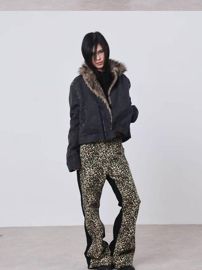 DETW onLine Cement Gray Studded Asymmetric Zip Fur Collar Cropped Women&