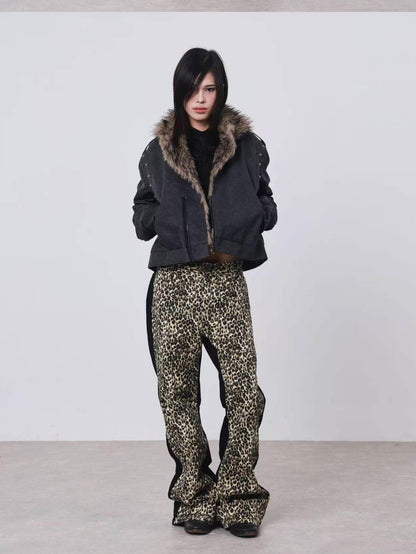 DETW onLine Cement Gray Studded Asymmetric Zip Fur Collar Cropped Women&