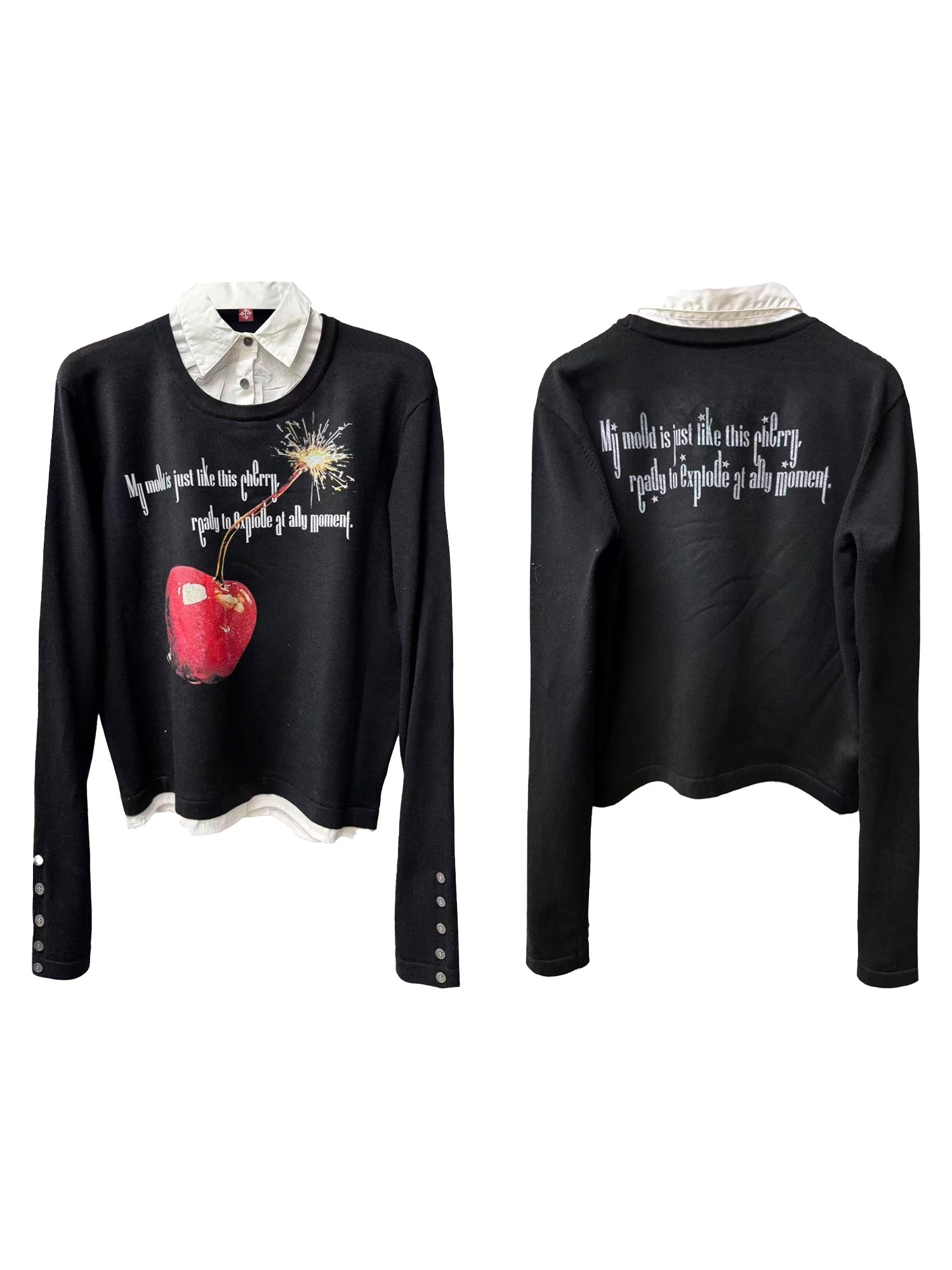 DETW_onLine_Cherry_Print_Faux_Two_Piece_Polo_Collar_Women&