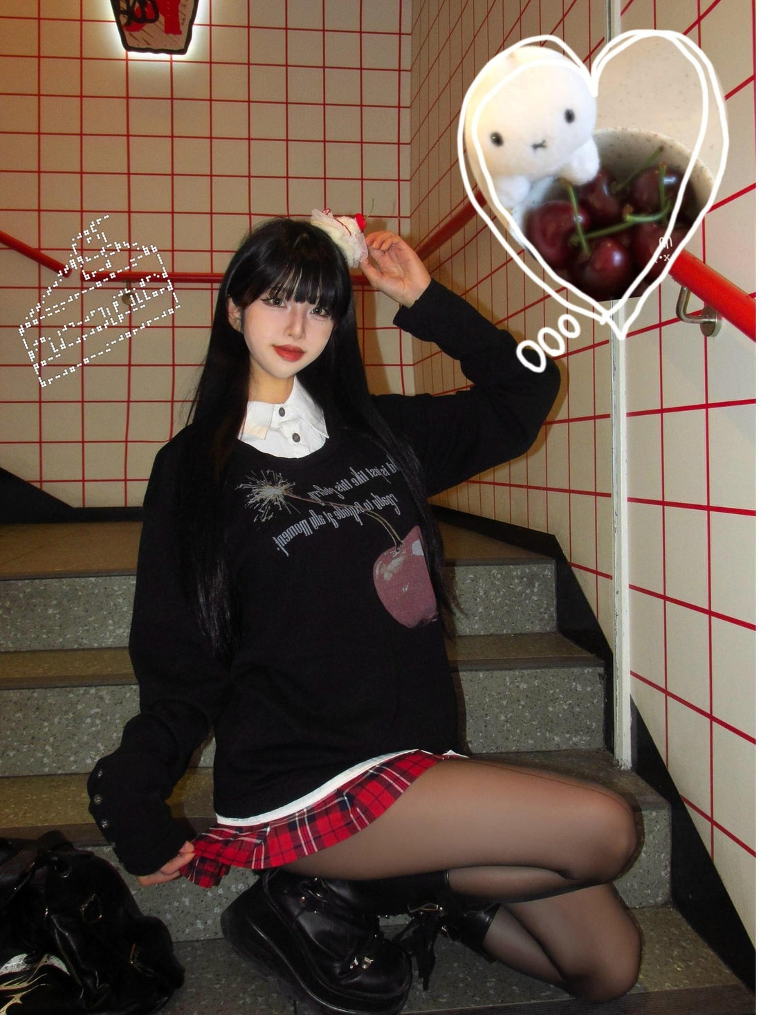 DETW onLine Cherry Print Faux Two Piece Polo Collar Women&