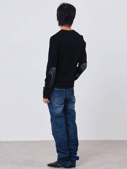 DETW onLine Dark Geometric Key Embroidery Slim Crewneck Women&