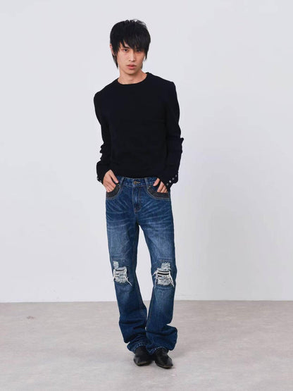 DETW onLine Dark Geometric Key Embroidery Slim Crewneck Women&