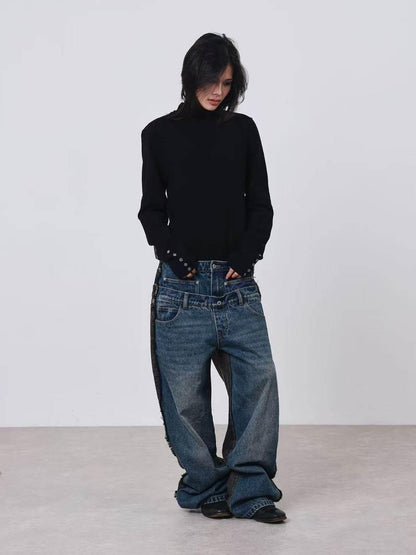 DETW onLine Dark Geometric Key Embroidery Slim Crewneck Women&