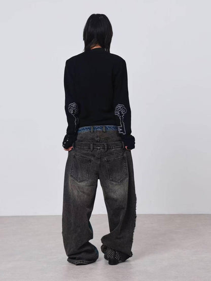 DETW onLine Dark Geometric Key Embroidery Slim Crewneck Women&