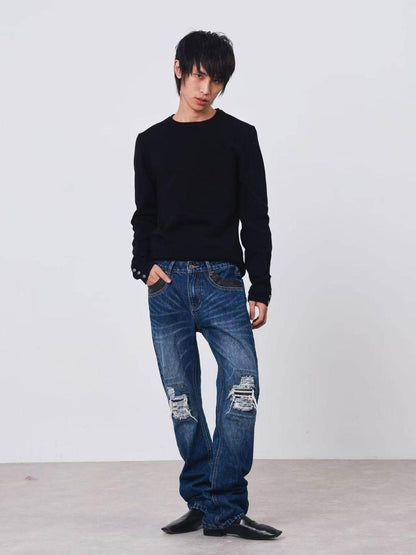 DETW onLine Dark Geometric Key Embroidery Slim Crewneck Women&