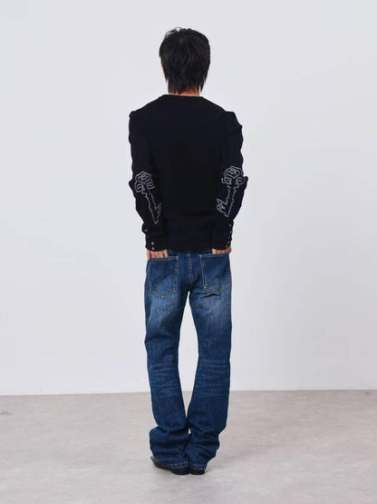 DETW onLine Dark Geometric Key Embroidery Slim Crewneck Women&