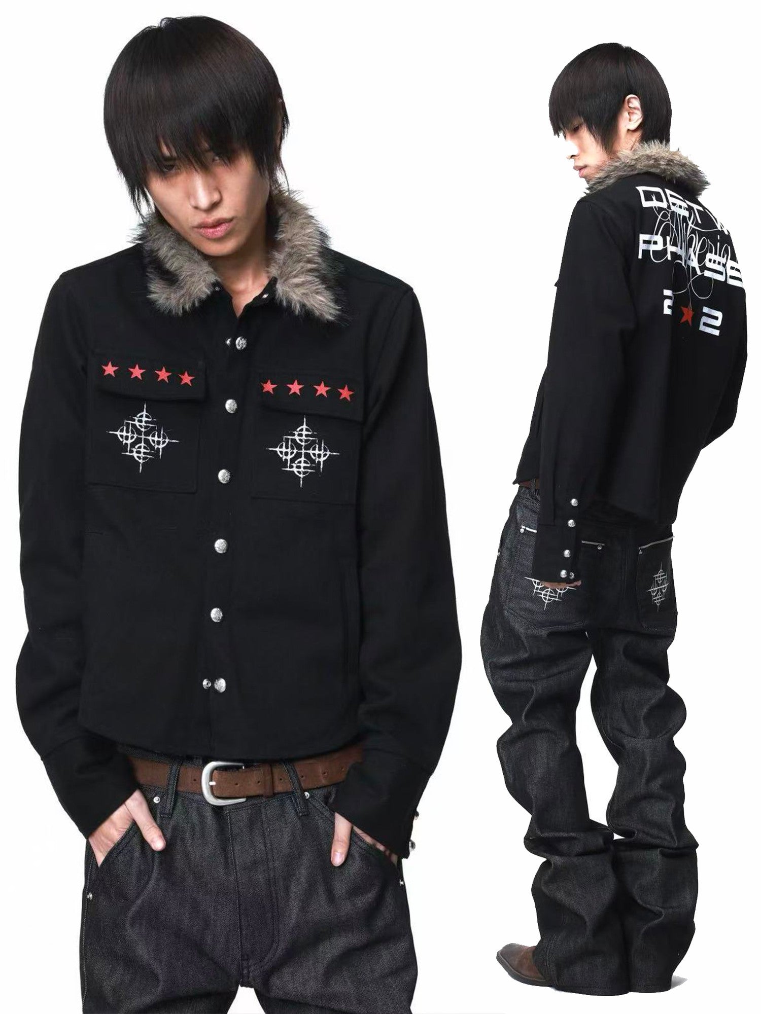 DETW onLine Dark Punk Fur Collar Button Embroidered Red Star Women&