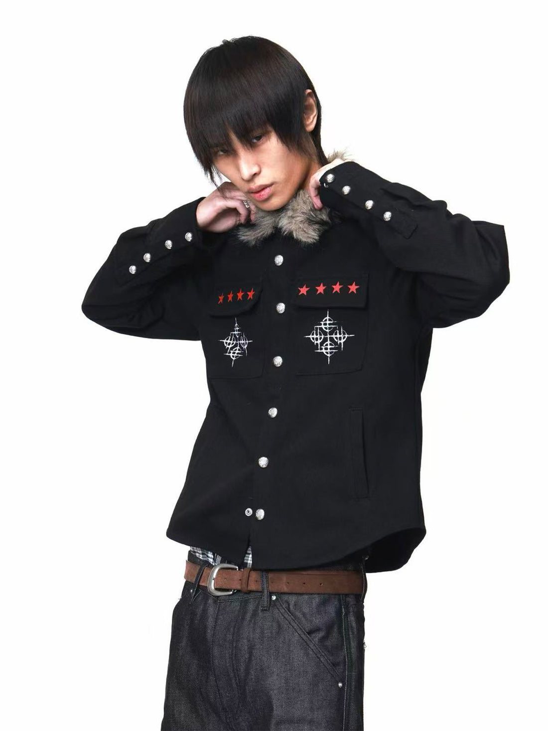 DETW onLine Dark Punk Fur Collar Button Embroidered Red Star Women&