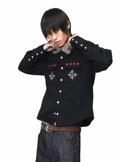 DETW onLine Dark Punk Fur Collar Button Embroidered Red Star Women&