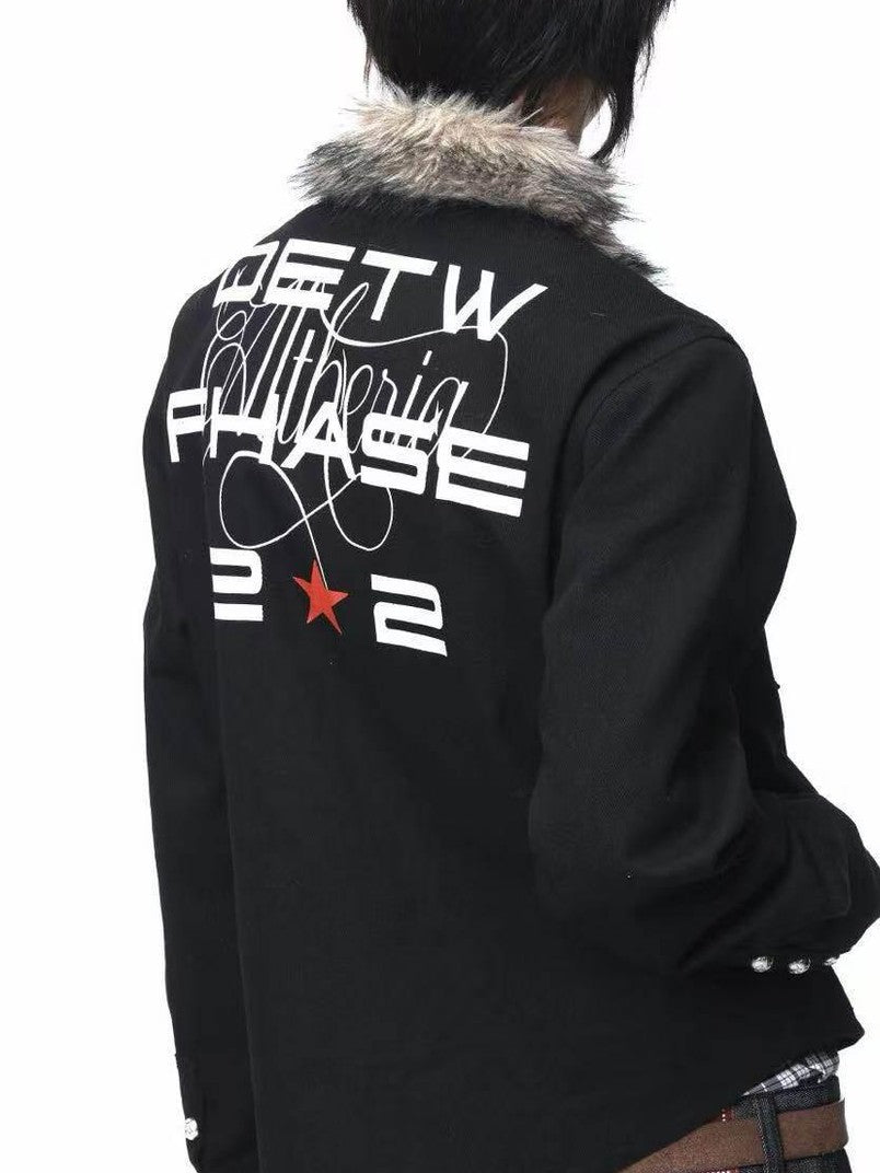 DETW onLine Dark Punk Fur Collar Button Embroidered Red Star Women&