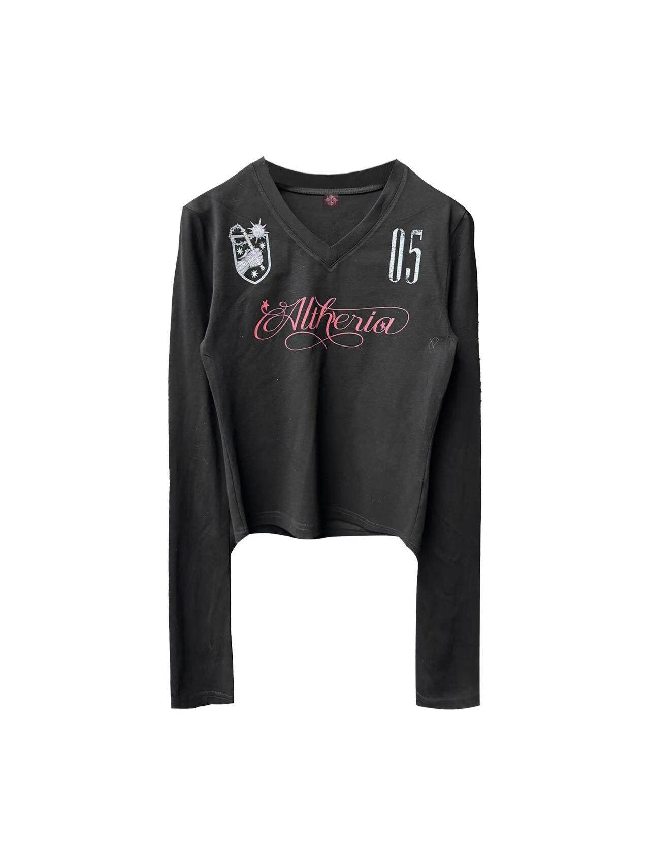 DETW_onLine_Dark_V-neck_Digital_Print_Creative_Letter_Women&