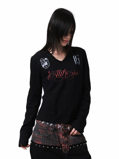 DETW onLine Dark V-neck Digital Print Creative Letter Women&