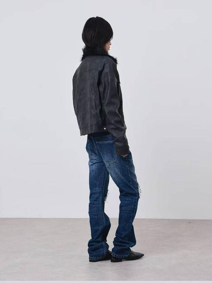 DETW onLine Distressed Washed Patchwork Metal Buckle Fur Collar Women&