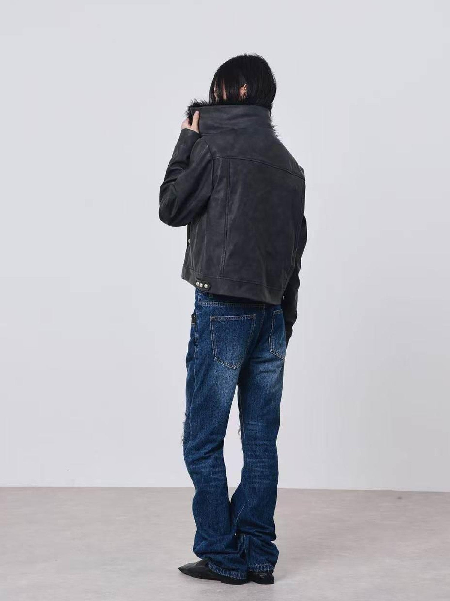 DETW onLine Distressed Washed Patchwork Metal Buckle Fur Collar Women&