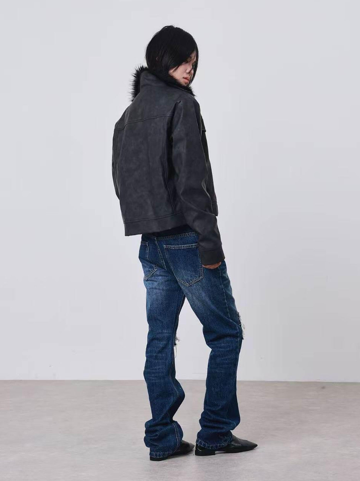 DETW onLine Distressed Washed Patchwork Metal Buckle Fur Collar Women&