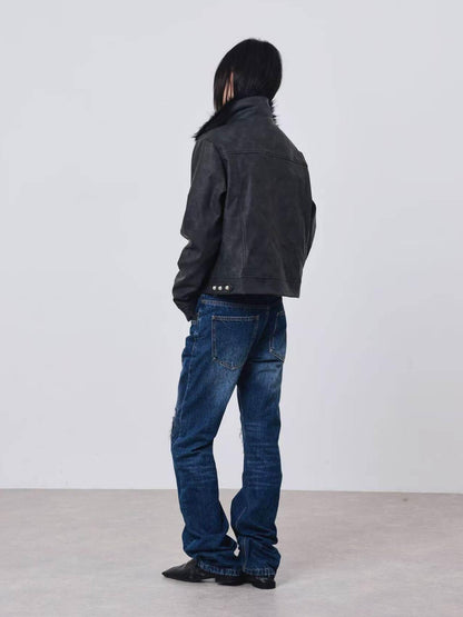 DETW onLine Distressed Washed Patchwork Metal Buckle Fur Collar Women&