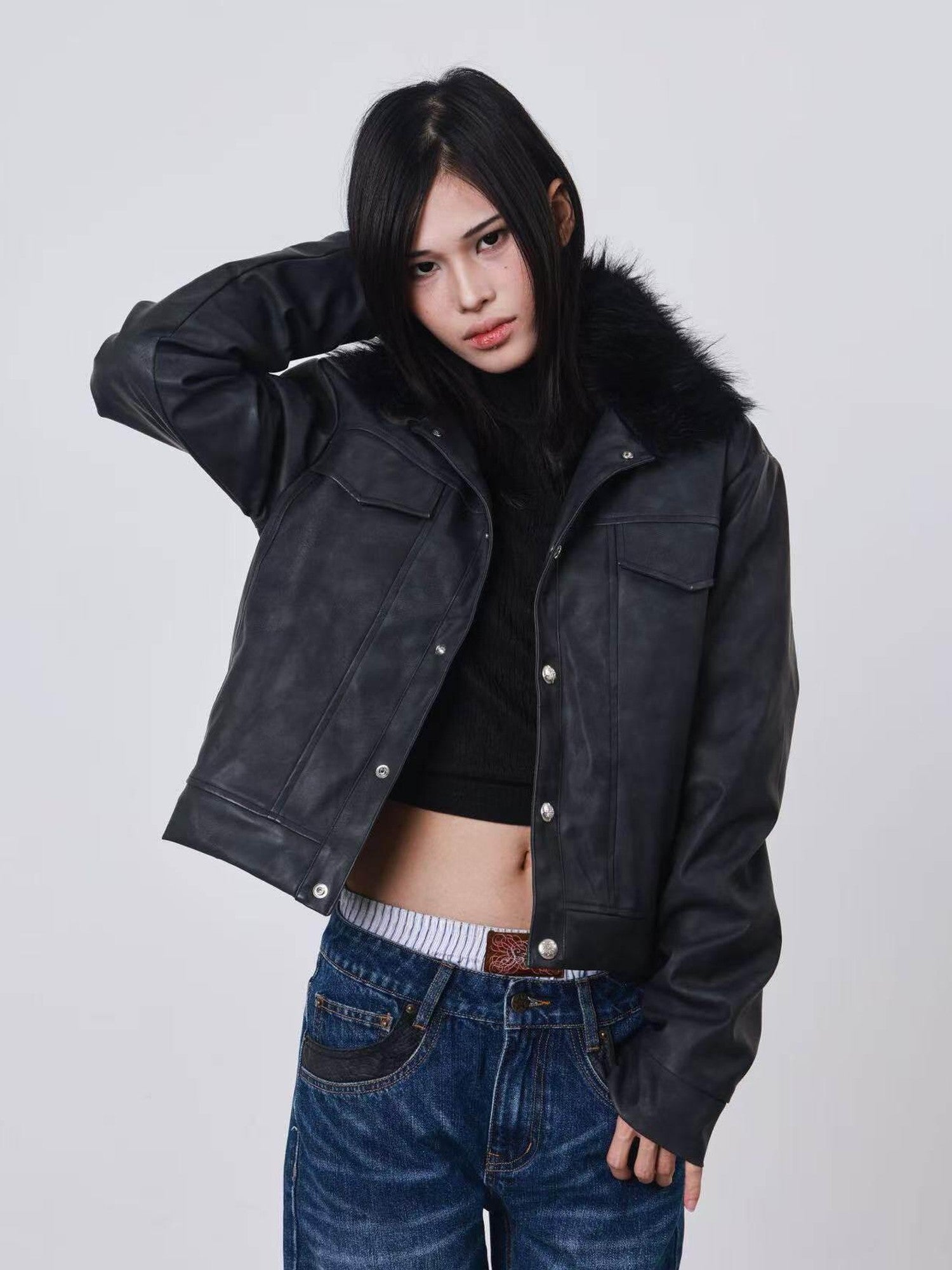 DETW onLine Distressed Washed Patchwork Metal Buckle Fur Collar Women&
