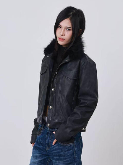 DETW onLine Distressed Washed Patchwork Metal Buckle Fur Collar Women&