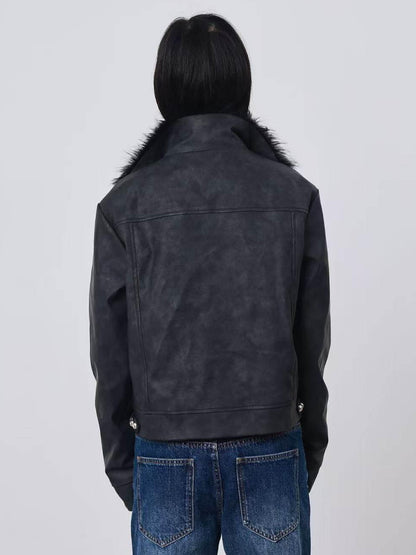 DETW onLine Distressed Washed Patchwork Metal Buckle Fur Collar Women&
