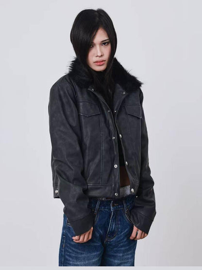 DETW onLine Distressed Washed Patchwork Metal Buckle Fur Collar Women&