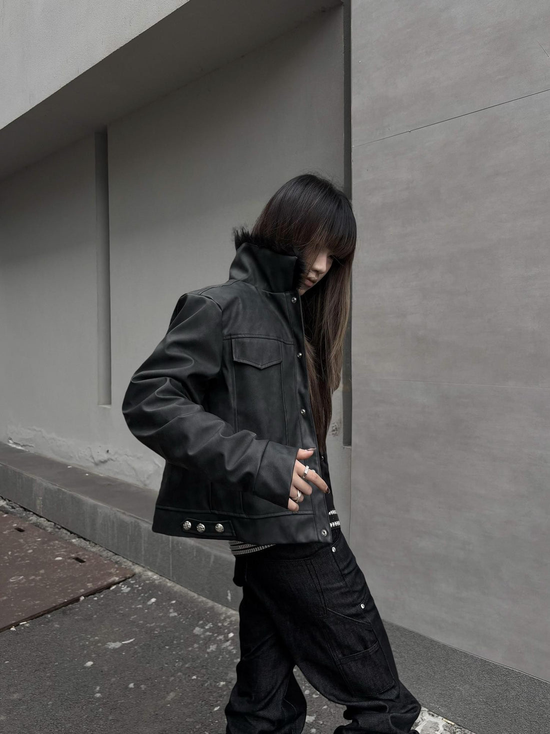 DETW onLine Distressed Washed Patchwork Metal Buckle Fur Collar Women&