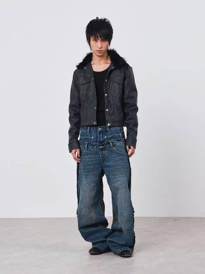 DETW onLine Distressed Washed Patchwork Metal Buckle Fur Collar Women&