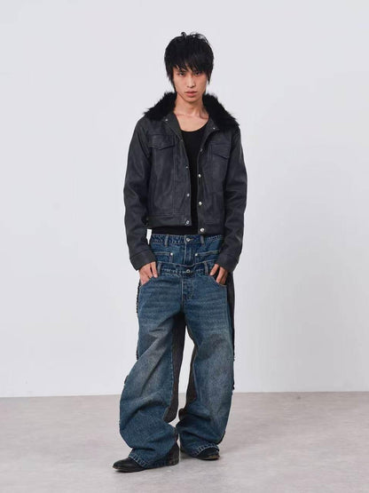 DETW onLine Distressed Washed Patchwork Metal Buckle Fur Collar Women&
