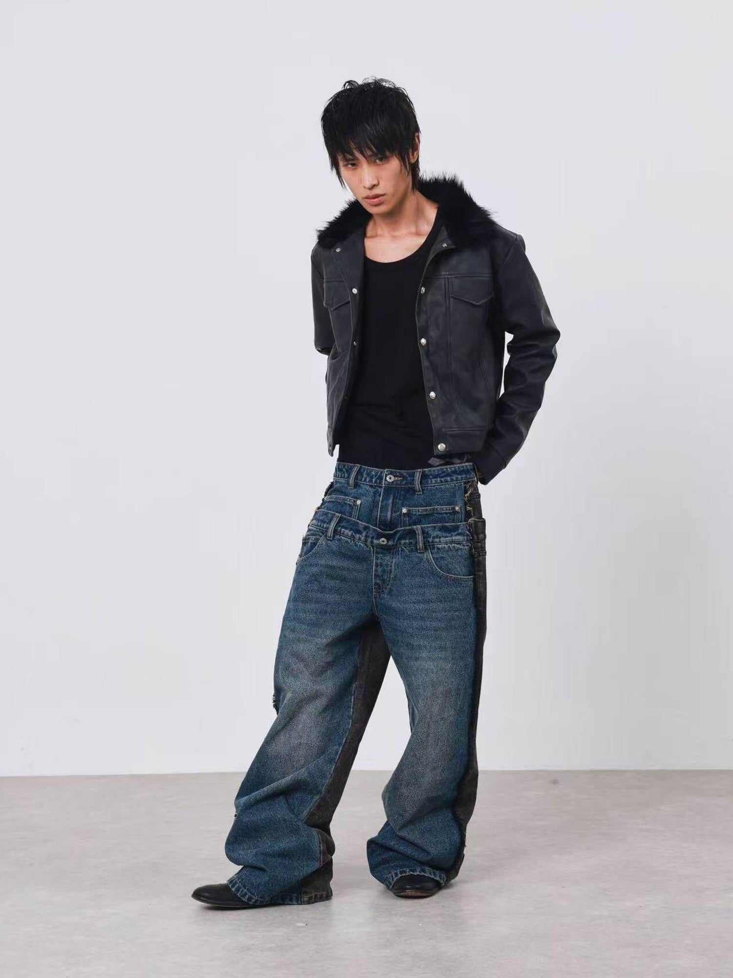 DETW onLine Distressed Washed Patchwork Metal Buckle Fur Collar Women&