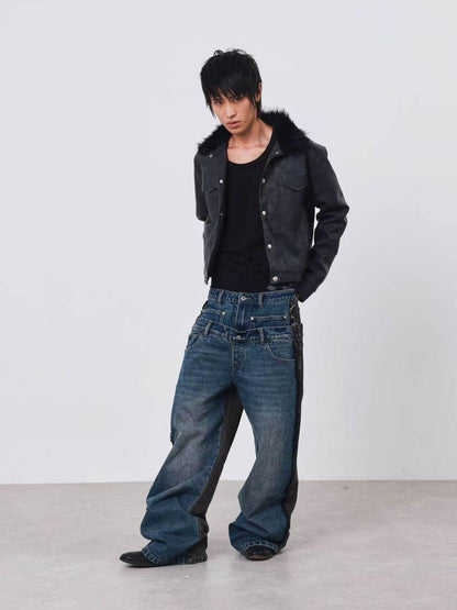 DETW onLine Distressed Washed Patchwork Metal Buckle Fur Collar Women&