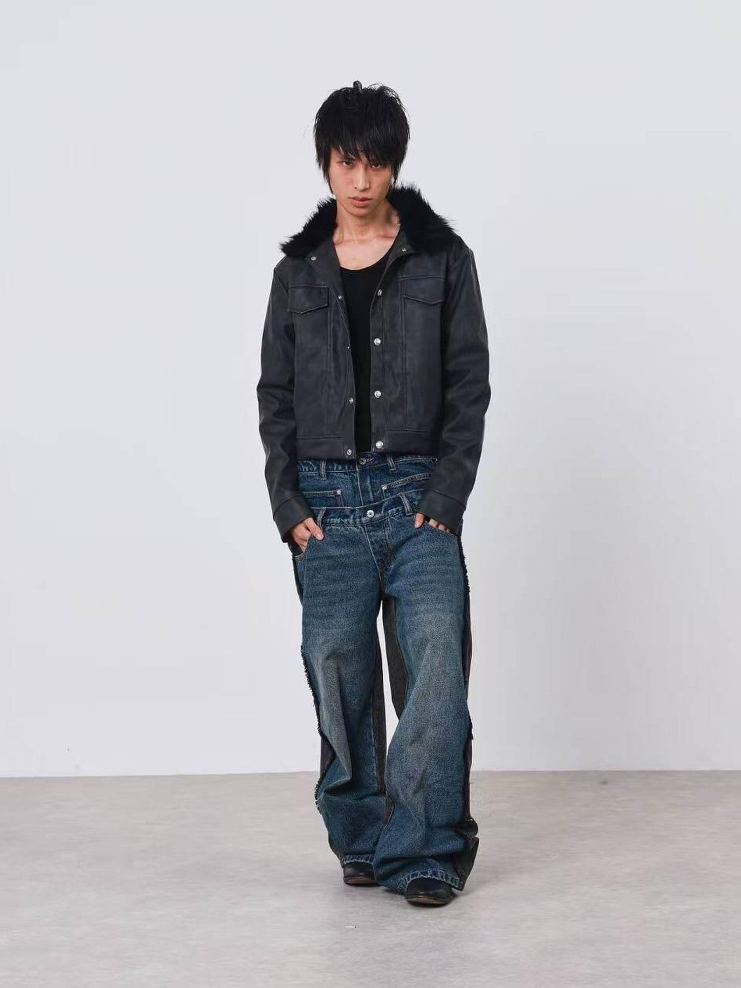DETW onLine Distressed Washed Patchwork Metal Buckle Fur Collar Women&