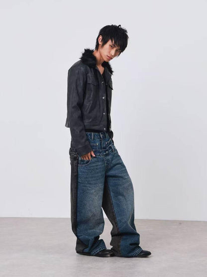 DETW onLine Distressed Washed Patchwork Metal Buckle Fur Collar Women&
