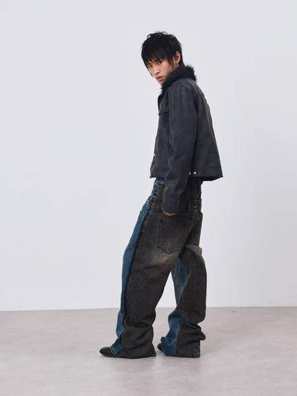 DETW onLine Distressed Washed Patchwork Metal Buckle Fur Collar Women&