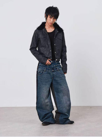 DETW onLine Distressed Washed Patchwork Metal Buckle Fur Collar Women&
